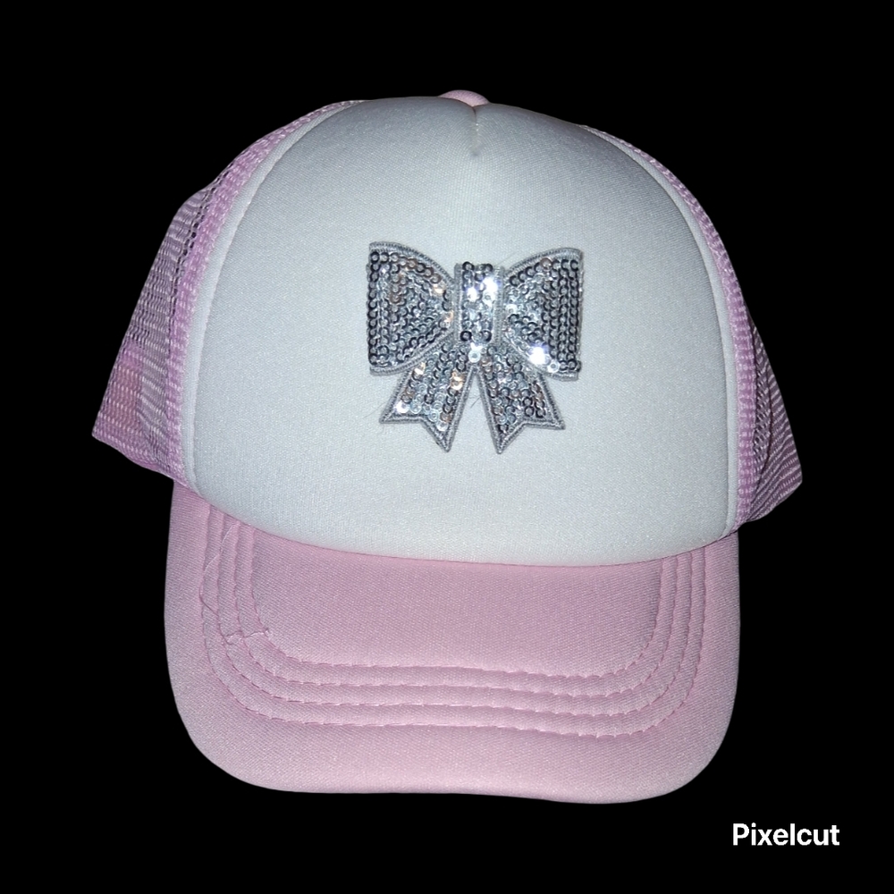Child Size- Pink and White Trucker Hat with Sparkle Bow
